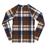 Navy Blue and Brown Preppy Surfer Plaid Kids Rash Guard – Eco Swim Shirt by Extremely Stoked®