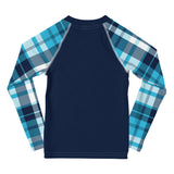 Navy Blue Kids Rash Guard with Ocean Blues Plaid Sleeves – Eco Swim Shirt by Extremely Stoked®