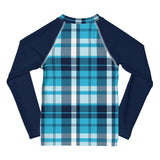 Ocean Blues Preppy Surfer Plaid Kids Rash Guard with Navy Blue Sleeves – Eco Swim Shirt by Extremely Stoked®