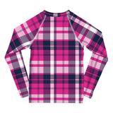 Hot Pink and Navy Blue Preppy Surfer Plaid Kids Rash Guard – Eco Swim Shirt by Extremely Stoked®