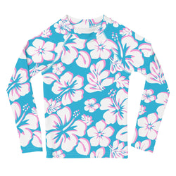 Kids Aqua, Pink and White Hawaiian Flowers Rash Guard - Extremely Stoked