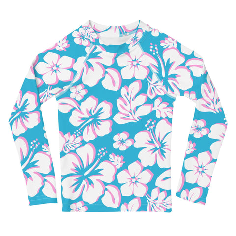 Kids Aqua, Pink and White Hawaiian Flowers Rash Guard - Extremely Stoked