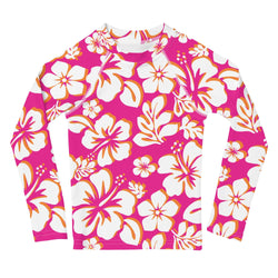 Kids Hot Pink, Orange and White Hawaiian Flowers Rash Guard - Extremely Stoked