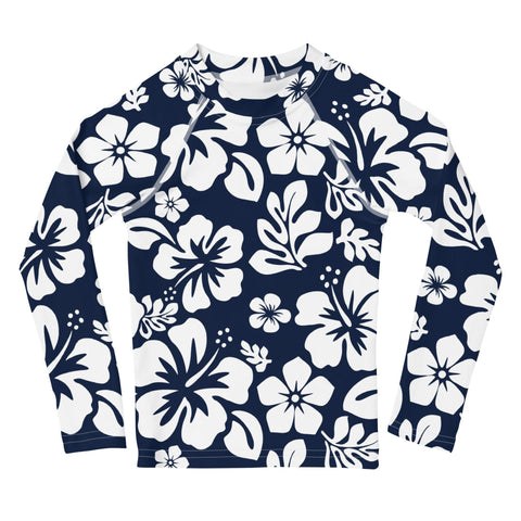 Kids Navy Blue and White Hawaiian Flowers Rash Guard - Extremely Stoked