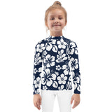 Kids Navy Blue and White Hawaiian Flowers Rash Guard - Extremely Stoked
