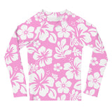 Kids Pink and White Hawaiian Flowers Rash Guard - Extremely Stoked