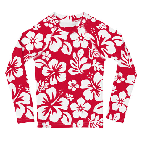 Kids Red and White Hawaiian Flowers Rash Guard – Eco Swim Shirt by Extremely Stoked®
