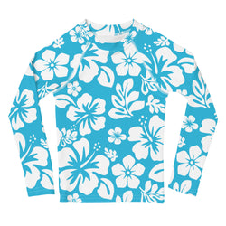 Kids Aqua Blue and White Hawaiian Flowers Rash Guard – Eco Swim Shirt by Extremely Stoked®