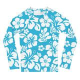 Kids Aqua Blue and White Hawaiian Flowers Rash Guard – Eco Swim Shirt by Extremely Stoked®