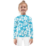 Kids Aqua Blue and White Hawaiian Flowers Rash Guard – Eco Swim Shirt by Extremely Stoked®