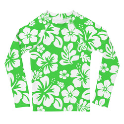 Kids Lime Green and White Hawaiian Flowers Rash Guard – Eco Swim Shirt by Extremely Stoked®