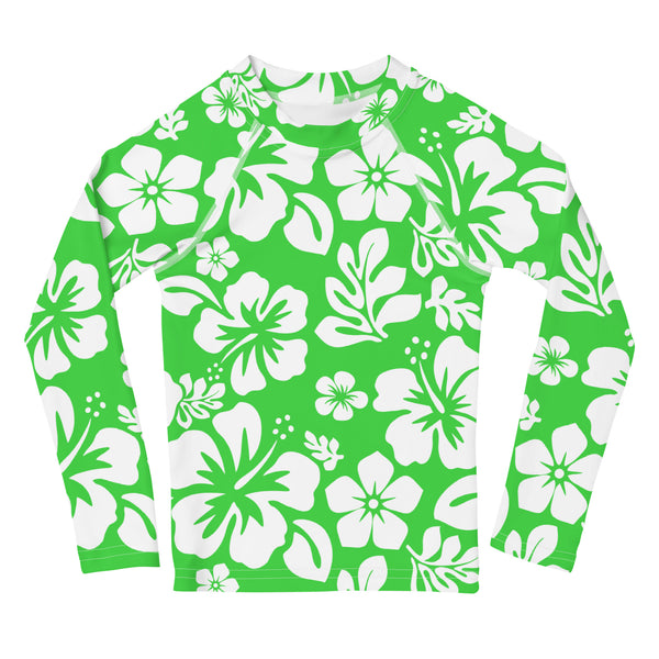 Kids Lime Green and White Hawaiian Flowers Rash Guard – Eco Swim Shirt by Extremely Stoked®