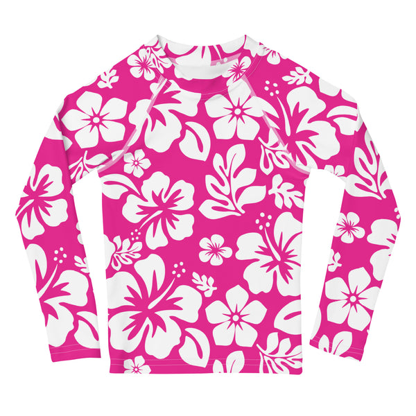 Kids Hot Pink and White Hawaiian Flowers Rash Guard – Eco Swim Shirt by Extremely Stoked®