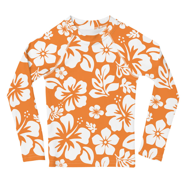 Kids Orange and White Hawaiian Flowers Rash Guard – Eco Swim Shirt by Extremely Stoked®