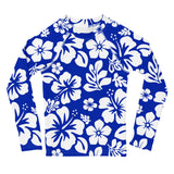 Kids Royal Blue and White Hawaiian Flowers Rash Guard – Eco Swim Shirt by Extremely Stoked®