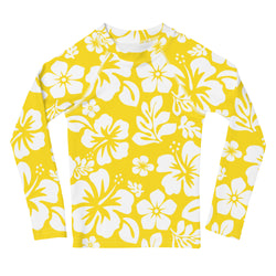 Kids Yellow and White Hawaiian Flowers Rash Guard – Eco Swim Shirt by Extremely Stoked®