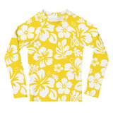 Kids Yellow and White Hawaiian Flowers Rash Guard – Eco Swim Shirt by Extremely Stoked®