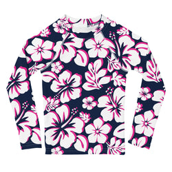 Kids Navy Blue, White and Hot Pink Hawaiian Flowers Rash Guard – Eco Swim Shirt by Extremely Stoked®