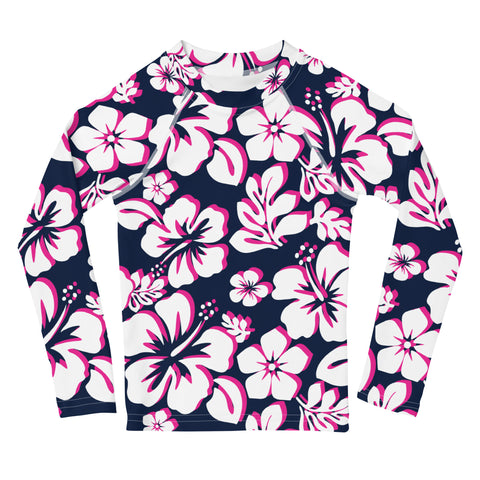 Kids Navy Blue, White and Hot Pink Hawaiian Flowers Rash Guard – Eco Swim Shirt by Extremely Stoked®
