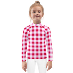 Cherry Red, White and Pink Gingham Kids Rash Guard – Eco Swim Shirt by Extremely Stoked®