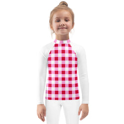 Cherry Red, White and Pink Gingham Kids Rash Guard with White Sleeves – Eco Swim Shirt by Extremely Stoked®