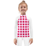 Cherry Red, White and Pink Gingham Kids Rash Guard with White Sleeves – Eco Swim Shirt by Extremely Stoked®