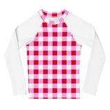 Cherry Red, White and Pink Gingham Kids Rash Guard with White Sleeves – Eco Swim Shirt by Extremely Stoked®
