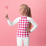 Cherry Red, White and Pink Gingham Kids Rash Guard with White Sleeves – Eco Swim Shirt by Extremely Stoked®