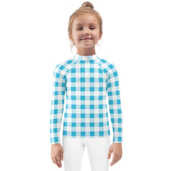 Aqua Blue and White Gingham Kids Rash Guard – Eco Swim Shirt by Extremely Stoked®