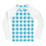 Aqua Blue and White Gingham Kids Rash Guard with White Sleeves – Eco Swim Shirt by Extremely Stoked®