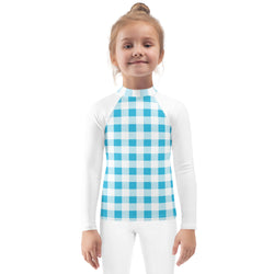 Aqua Blue and White Gingham Kids Rash Guard with White Sleeves – Eco Swim Shirt by Extremely Stoked®