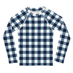 Navy Blue and White Gingham Kids Rash Guard – Eco Swim Shirt by Extremely Stoked®
