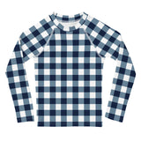 Navy Blue and White Gingham Kids Rash Guard – Eco Swim Shirt by Extremely Stoked®