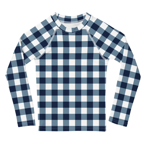 Navy Blue and White Gingham Kids Rash Guard – Eco Swim Shirt by Extremely Stoked®