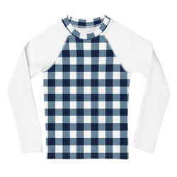 Navy Blue and White Gingham Kids Rash Guard with White Sleeves – Eco Swim Shirt by Extremely Stoked®