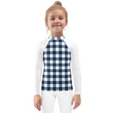 Navy Blue and White Gingham Kids Rash Guard with White Sleeves – Eco Swim Shirt by Extremely Stoked®