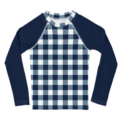 Navy Blue and White Gingham Kids Rash Guard with Navy Blue Sleeves – Eco Swim Shirt by Extremely Stoked®