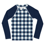 Navy Blue and White Gingham Kids Rash Guard with Navy Blue Sleeves – Eco Swim Shirt by Extremely Stoked®