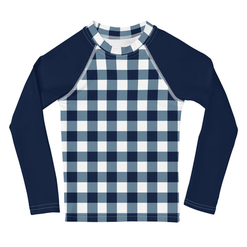 Navy Blue and White Gingham Kids Rash Guard with Navy Blue Sleeves – Eco Swim Shirt by Extremely Stoked®
