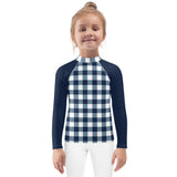 Navy Blue and White Gingham Kids Rash Guard with Navy Blue Sleeves – Eco Swim Shirt by Extremely Stoked®
