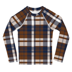 Navy Blue and Brown Preppy Surfer Plaid Kids Rash Guard – Eco Swim Shirt by Extremely Stoked®