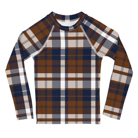 Navy Blue and Brown Preppy Surfer Plaid Kids Rash Guard – Eco Swim Shirt by Extremely Stoked®