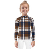 Navy Blue and Brown Preppy Surfer Plaid Kids Rash Guard – Eco Swim Shirt by Extremely Stoked®