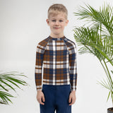 Navy Blue and Brown Preppy Surfer Plaid Kids Rash Guard – Eco Swim Shirt by Extremely Stoked®