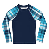 Navy Blue Kids Rash Guard with Ocean Blues Plaid Sleeves – Eco Swim Shirt by Extremely Stoked®