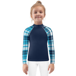 Navy Blue Kids Rash Guard with Ocean Blues Plaid Sleeves – Eco Swim Shirt by Extremely Stoked®