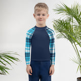 Navy Blue Kids Rash Guard with Ocean Blues Plaid Sleeves – Eco Swim Shirt by Extremely Stoked®