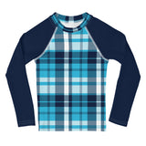 Ocean Blues Preppy Surfer Plaid Kids Rash Guard with Navy Blue Sleeves – Eco Swim Shirt by Extremely Stoked®