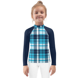 Ocean Blues Preppy Surfer Plaid Kids Rash Guard with Navy Blue Sleeves – Eco Swim Shirt by Extremely Stoked®