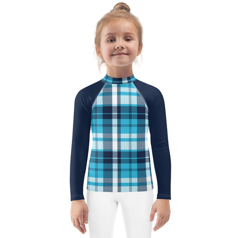 Ocean Blues Preppy Surfer Plaid Kids Rash Guard with Navy Blue Sleeves – Eco Swim Shirt by Extremely Stoked®